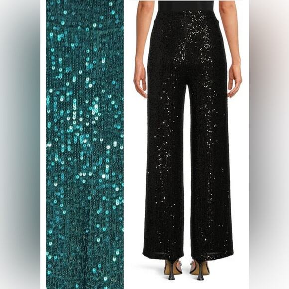 NWT Belle by Badgley Mischka Iris EMERALD GREEN sequin flat front drapey pants - Picture 2 of 14